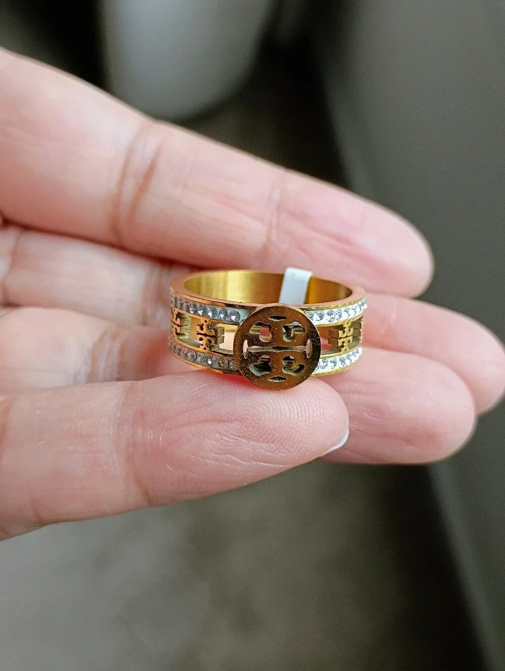 New Gold Tone Logo Accent Crystal Band Ring - Women Jewelry